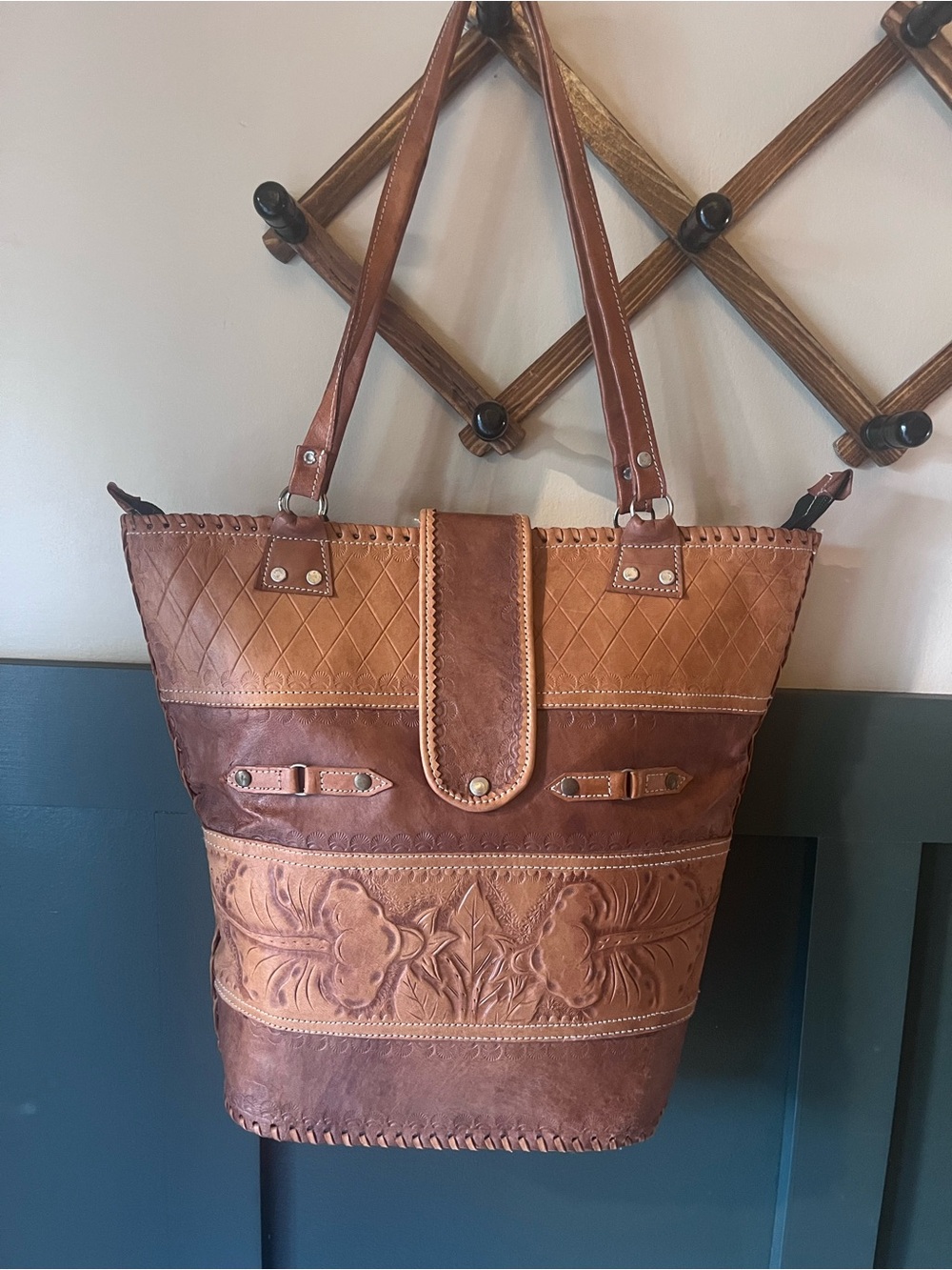 Source Unknown Two-Tone Brown Leather Tote with Floral Tooled Panel